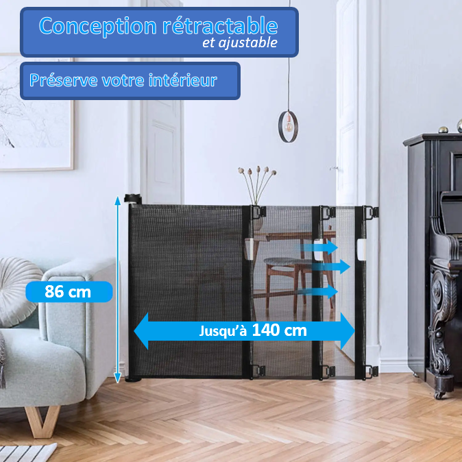 Barrière de sécurité pour chien et chat manœuvrable à une seule main . Convient pour toutes les portes INTERIEURE et EXTERIEURE. UNIVERSEL. Convient pour TOUTES LES RACES. Sécurité et tranquillité . pratique jusqu'à 1 mètre 40 de large ; installation facile et rapide ; hauteur de 86 cm ; poids 2.3 kg EXCELLENT PRODUIT Design rétractable