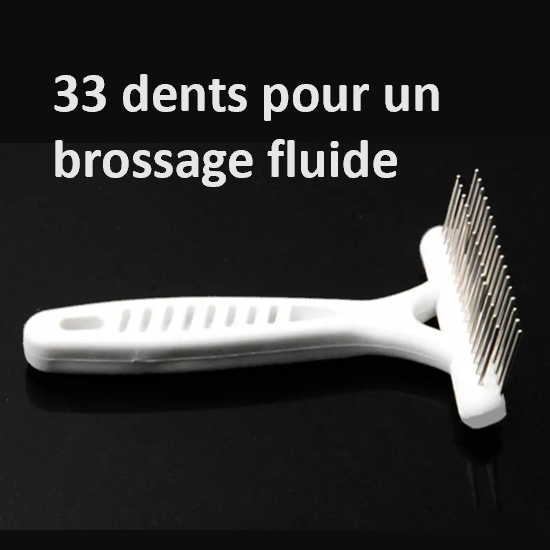 Brosse blanche pour chien TOUTES RACES pour poils courts et mi-longs. 33 dents sur 2 rangées, ergonomique, souple et rigide à la fois, légère, pas chère, efficace. Brossage fluide