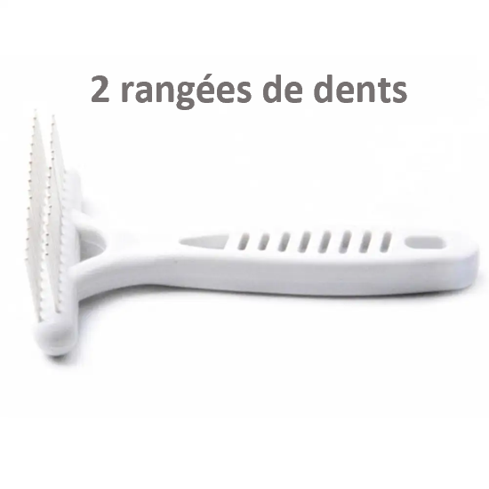 Brosse blanche pour chien TOUTES RACES pour poils courts et mi-longs. 33 dents sur 2 rangées, ergonomique, souple et rigide à la fois, légère, pas chère, efficace. 2 rangées de dents