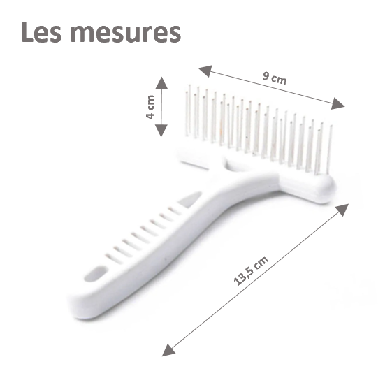 Brosse blanche pour chien TOUTES RACES pour poils courts et mi-longs. 33 dents sur 2 rangées, ergonomique, souple et rigide à la fois, légère, pas chère, efficace. Les dimensions