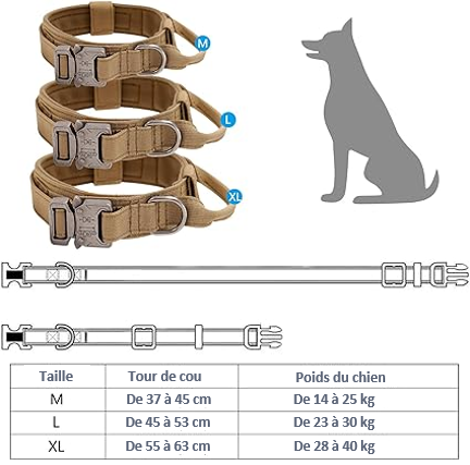 COLLIER TACTIQUE et LAISSE DE DRESSAGE solide pratique fiable, 7 couleurs ou coloris, 3 tailles , pour chien moyens ou grands, BERGER ALLEMAND, MALINOIS, chien sportif, avec poignée de proximité, boucle métal robuste , anneau en D , randonnée, patrouille, PATPATROUILLE, police, armée, militaire, promenade,. Confort, Nylon alliage de ZINC, TOUTES RACES . CADEAU IDEAL Détail du Tableau des tailles