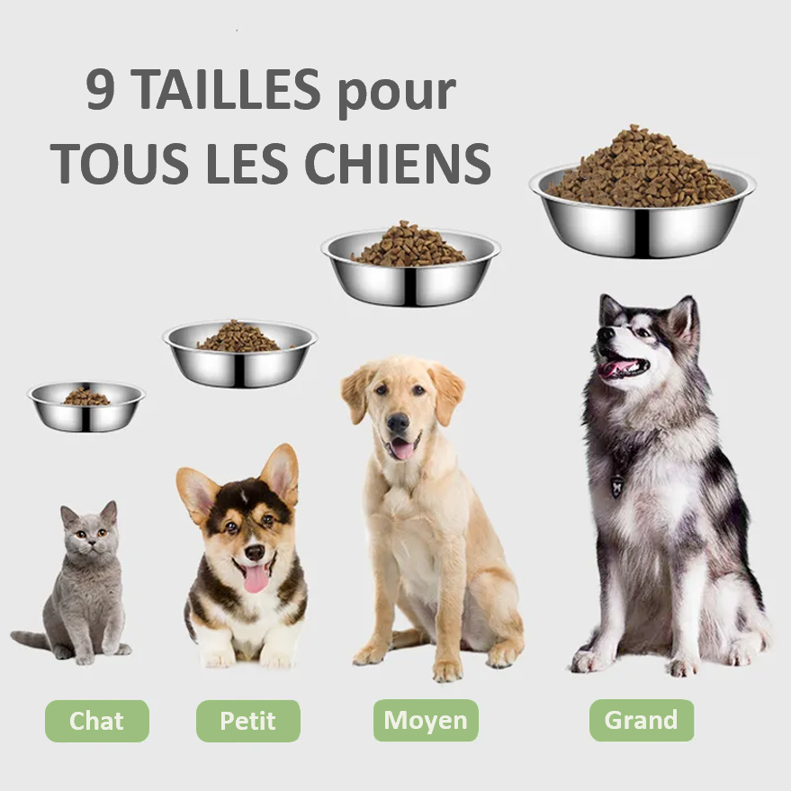 GAMELLE Acier Inoxydable 304 Pratique et résistant , facile d'entretien , lavable en machine et à la main , 9 TAILLES , de 11 cm à 22 cm. EAU et NOURRITURE pour toutes LES RACES de CHIENS , de CHATS, et animaux de compagnie. Sans doute pour la PATPATROUILLE !! Solide et fiable pour votre quotidien ! Classique parmi les classiques ! 9 Tailles