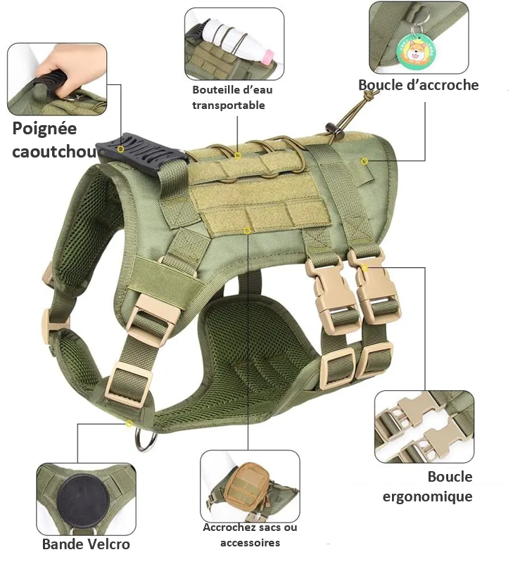 Harnais tactique pour chien moyens et grands réglable , matériaux PREMIUM, maille OXFORD, résistant , 2 boucles de dégagement rapide, adapté randonnée , trail , track, chasse, entrainement , running, chien d'assaut, équipé de Velcro, d'élastique , avec une poignée en caoutchouc renforcé . SECURITE PROTECTION , HARNESS DOG , MALINOIS, BERGER ALLEMAND TOUTES races; TOP CADEAU ; 3 couleurs ; 3 tailles Quelques détails intéressants