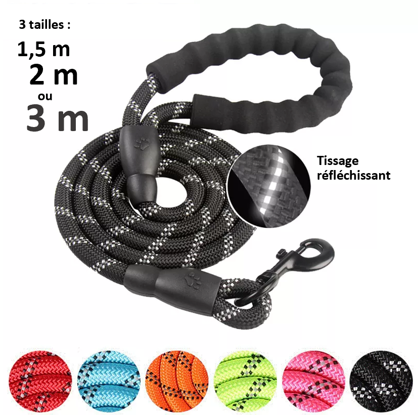 Laisse de dressage réfléchissante et robuste. 3 tailles : 1,5 m , 2 m ou 3 mètres ! 3 épaisseurs disponibles : 0,8 cm , 1 cm ou 1,2 cm ! 7 coloris disponibles ! Robuste et fiable avec une poignée ergonomique et moelleuse. La laisse de dressage reste souple et résistante. IDEAL DRESSAGE. MEILLEURE VENTE AMAZON