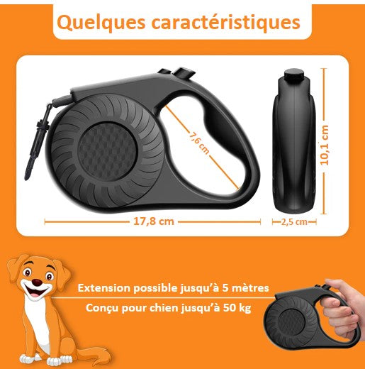Laisse rétractable à enroulement automatique pour chien jusqu'à 50 kg ! Existe en vert et en noir solide élégante système de verrouillage longueur 5 mètres - 5M - un peu de technique avec un profil anti emmêlement , une maille en nylon renforcé , un mousqueton pivotant durable et antirouille , ergonomique et antidérapant idéal cadeau de Noël les dimensions