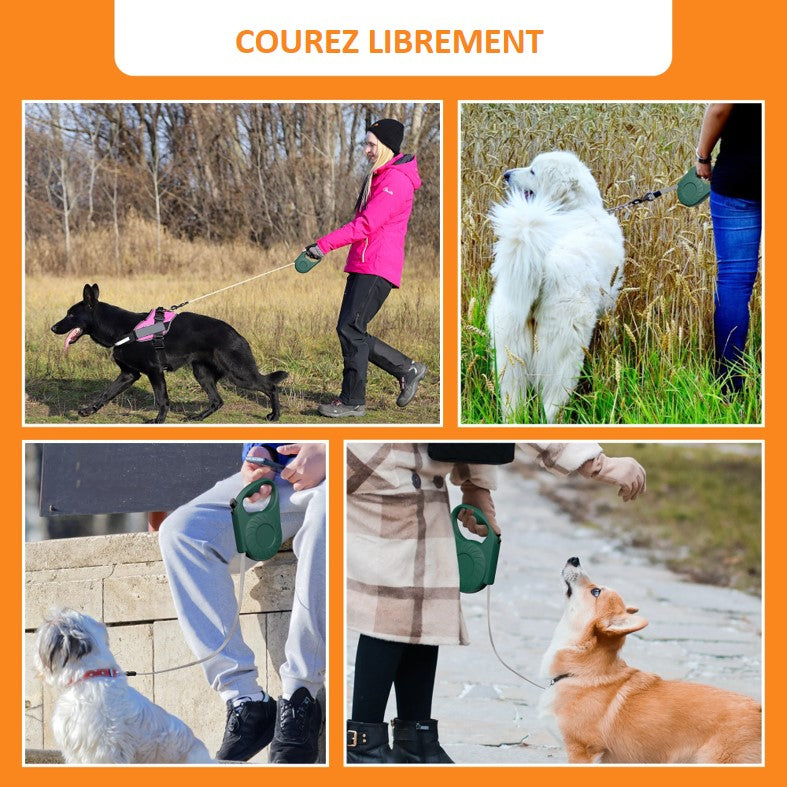 Laisse rétractable à enroulement automatique pour chien jusqu'à 50 kg ! Existe en vert et en noir solide élégante système de verrouillage longueur 5 mètres - 5M - un peu de technique avec un profil anti emmêlement , une maille en nylon renforcé , un mousqueton pivotant durable et antirouille , ergonomique et antidérapant idéal cadeau de Noël Des gens en balade avec leur laisse ; ils sont heureux