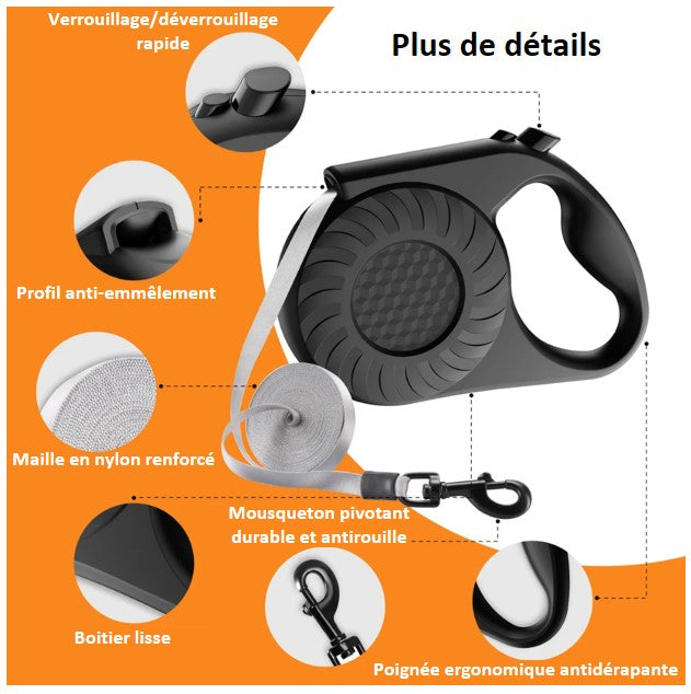 Laisse rétractable à enroulement automatique pour chien jusqu'à 50 kg ! Existe en vert et en noir solide élégante système de verrouillage longueur 5 mètres - 5M - un peu de technique avec un profil anti emmêlement , une maille en nylon renforcé , un mousqueton pivotant durable et antirouille , ergonomique et antidérapant idéal cadeau de Noël - détails techniques