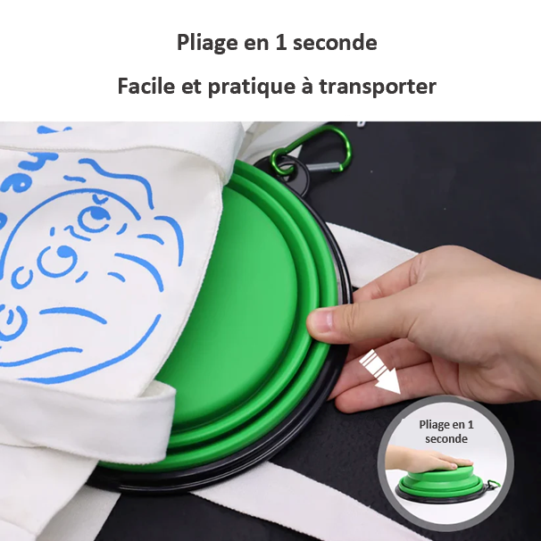GAMELLE de voyage pliable, rétractable. Pratique et résistante, facile d'entretien, lavable en machine ou à la main, 5 coloris, 13 cm de diamètre. EAU et NOURRITURE pour toutes LES RACES de CHIENS, de CHATS, et animaux de compagnie. Pour la PATPATROUILLE aussi !! Solide et fiable pour votre quotidien ! Parfait pour les randonnées et les voyages ! Coloris disponible en Violet, Rouge, Bleu, Vert, Noir … Toute l’équipe a choisi la Verte 😉 Pliable en 1 seconde !