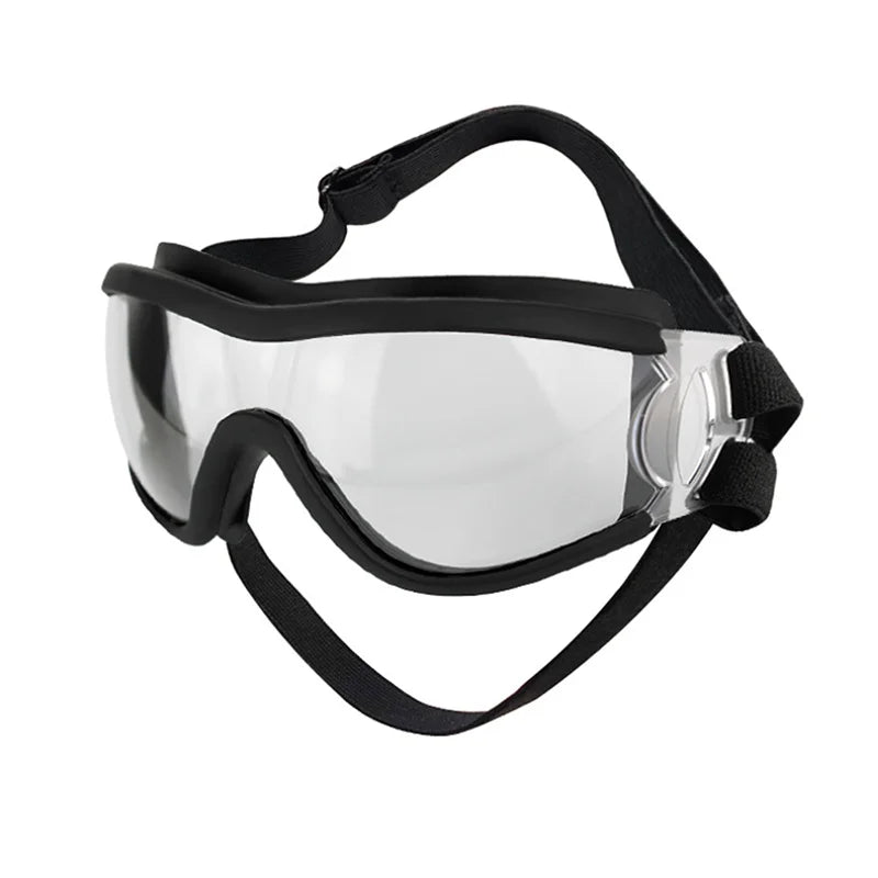 Lunettes de soleil pour chien, avec sangles réglables anti-UV imperméables coupe-vent, protection des yeux pour chiens de taille moyenne et grande ; Confortables et élégantes. La monture souple s'ajuste à la tête de votre chien. Il peut passer la tête par la fenêtre de la voiture et profiter ! 3/4 gauche , transparent