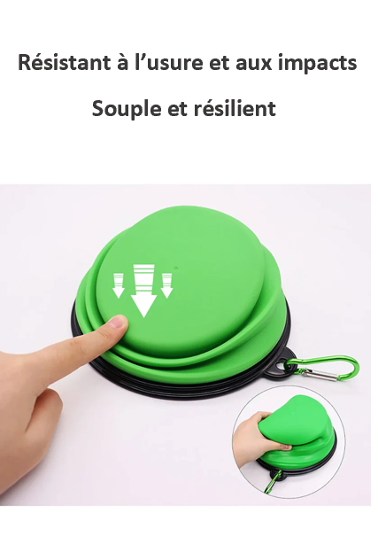 GAMELLE de voyage pliable, rétractable. Pratique et résistante, facile d'entretien, lavable en machine ou à la main, 5 coloris, 13 cm de diamètre. EAU et NOURRITURE pour toutes LES RACES de CHIENS, de CHATS, et animaux de compagnie. Pour la PATPATROUILLE aussi !! Solide et fiable pour votre quotidien ! Parfait pour les randonnées et les voyages ! Coloris disponible en Violet, Rouge, Bleu, Vert, Noir … Toute l’équipe a choisi la Verte 😉 Souple et résiliente !!