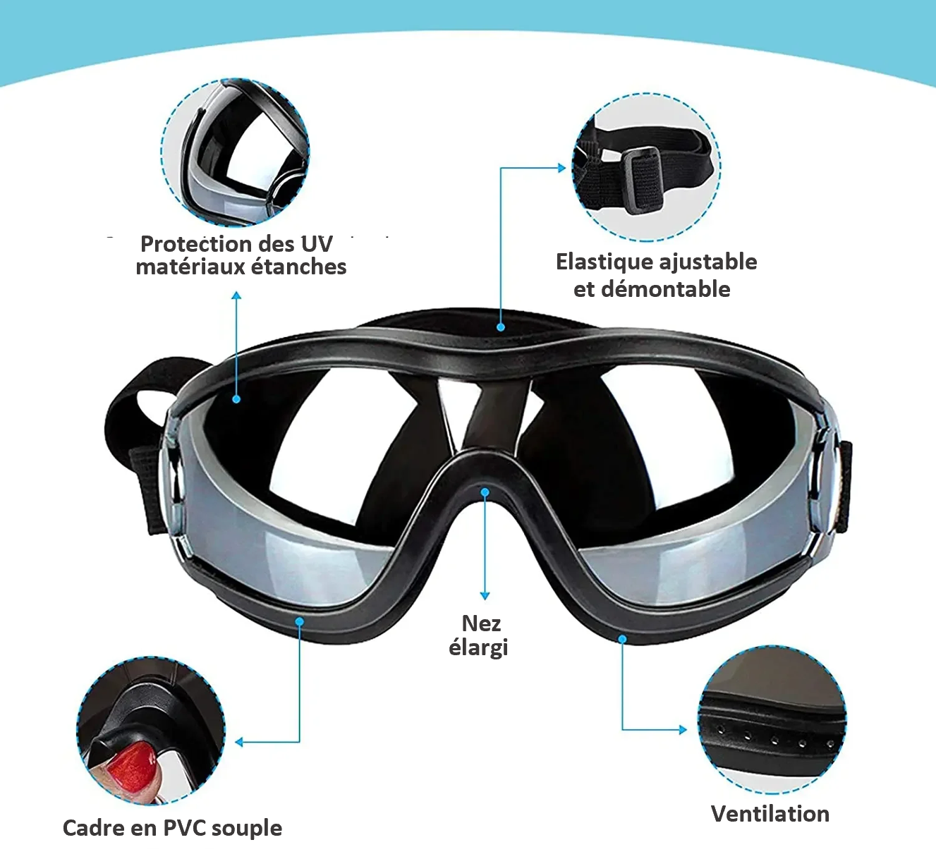 Lunettes de soleil pour chien, avec sangles réglables anti-UV imperméables coupe-vent, protection des yeux pour chiens de taille moyenne et grande ; Confortables et élégantes. La monture souple s'ajuste à la tête de votre chien. Il peut passer la tête par la fenêtre de la voiture et profiter ! Descriptif des lunettes