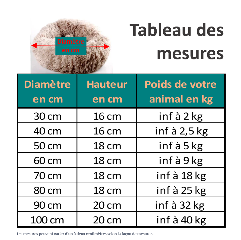 Coussin peluche moelleux, confortable élégant bord surélevé. Grande variété des modèles, lessivable : lavable en machine. 20 COLORIS 8 TAILLES Diamètre 30 cm, 40 cm, 50 cm, 60 cm, 70 cm, 80 cm, 90 cm, 100 cm ! 1 METRE de diamètre ! pour des chiens jusqu'à 40 kg. rembourré en fibre polaire Tableau des dimensions