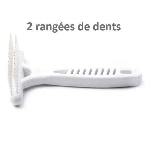 Brosse blanche pour chien TOUTES RACES pour poils courts et mi-longs. 33 dents sur 2 rangées, ergonomique, souple et rigide à la fois, légère, pas chère, efficace.  2 rangées de dents 