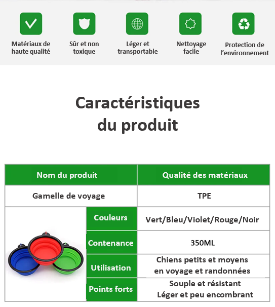 GAMELLE de voyage pliable, rétractable. Pratique et résistante, facile d'entretien, lavable en machine ou à la main, 5 coloris, 13 cm de diamètre. EAU et NOURRITURE pour toutes LES RACES de CHIENS, de CHATS, et animaux de compagnie. Pour la PATPATROUILLE aussi !!  Solide et fiable pour votre quotidien ! Parfait pour les randonnées et les voyages ! Coloris disponible en Violet, Rouge, Bleu, Vert, Noir … Toute l’équipe a choisi la Verte 😉  Caractéristiques de  votre gamelle 