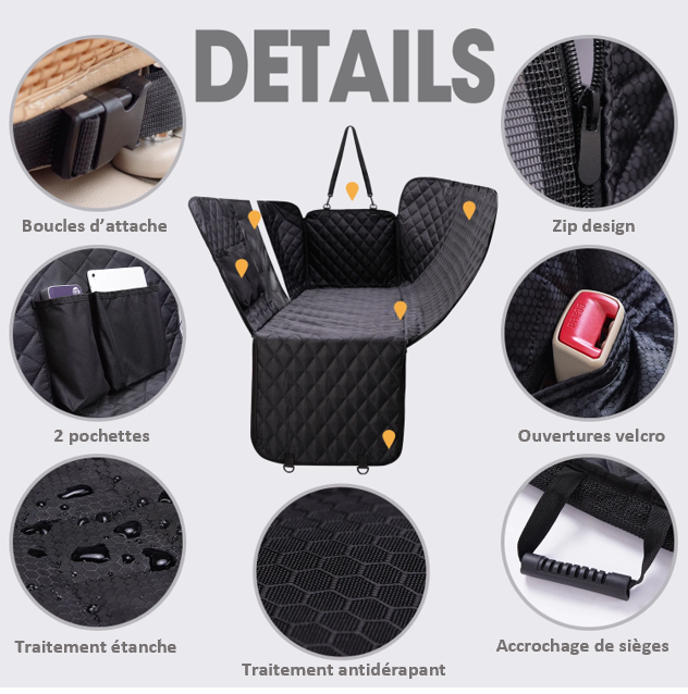 Couverture de protection voiture chien voyage universelle modulable résistante lavable avec poches sangles cadeaux BONUS toutes races et TOUS VEHICULES , TOUTES MARQUES, ventilation SECURITE, cadeau, détails, boucles d'attache