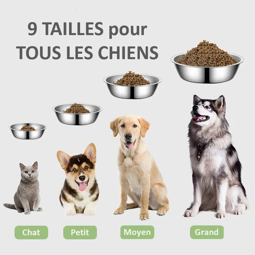 GAMELLE Acier Inoxydable 304 Pratique et résistant , facile d'entretien , lavable en machine et à la main , 9 TAILLES , de 11 cm à 22 cm. EAU et NOURRITURE pour toutes LES RACES de CHIENS , de CHATS, et animaux de compagnie. Sans doute pour la PATPATROUILLE !!  Solide et fiable pour votre quotidien ! Classique parmi les classiques !  9 Tailles 