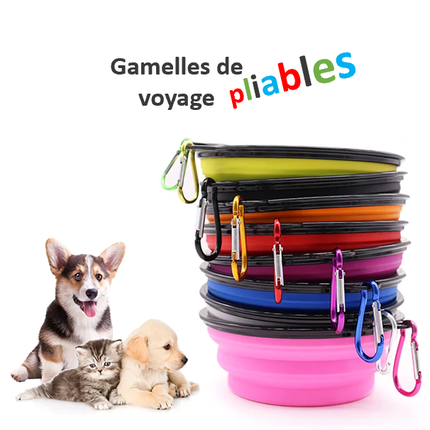 GAMELLE de voyage pliable, rétractable. Pratique et résistante, facile d'entretien, lavable en machine ou à la main, 5 coloris, 13 cm de diamètre. EAU et NOURRITURE pour toutes LES RACES de CHIENS, de CHATS, et animaux de compagnie. Pour la PATPATROUILLE aussi !!  Solide et fiable pour votre quotidien ! Parfait pour les randonnées et les voyages ! Coloris disponible en Violet, Rouge, Bleu, Vert, Noir … Toute l’équipe a choisi la Verte 😉 ELLE est PLIABLE !!!