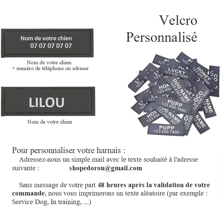 Harnais personnalisable avec un Velcro, une poignée Nylon de haute qualité, un anneau en D pour la laisse que vous trouverez également sur ce site ; Indiquez le nom de votre chien ou votre numéro de téléphone. Solide fiable sûr , SECURITE , 14 coloris, 6 tailles , pratique ! IDEAL AU QUOTIDIEN LILOU, TOUTES RACES  - Comment commander le texte ? 