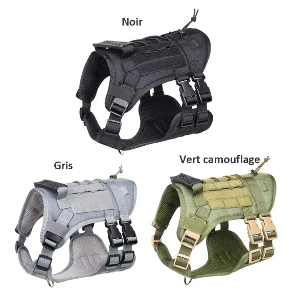 Harnais tactique pour chien moyens et grands réglable , matériaux PREMIUM, maille OXFORD, résistant , 2 boucles de dégagement rapide, adapté randonnée , trail , track, chasse, entrainement , running, chien d'assaut, équipé de Velcro, d'élastique , avec une poignée en caoutchouc renforcé .  SECURITE PROTECTION , HARNESS DOG , MALINOIS, BERGER ALLEMAND TOUTES races; TOP CADEAU ; 3 couleurs ; 3 tailles  ici détaillées