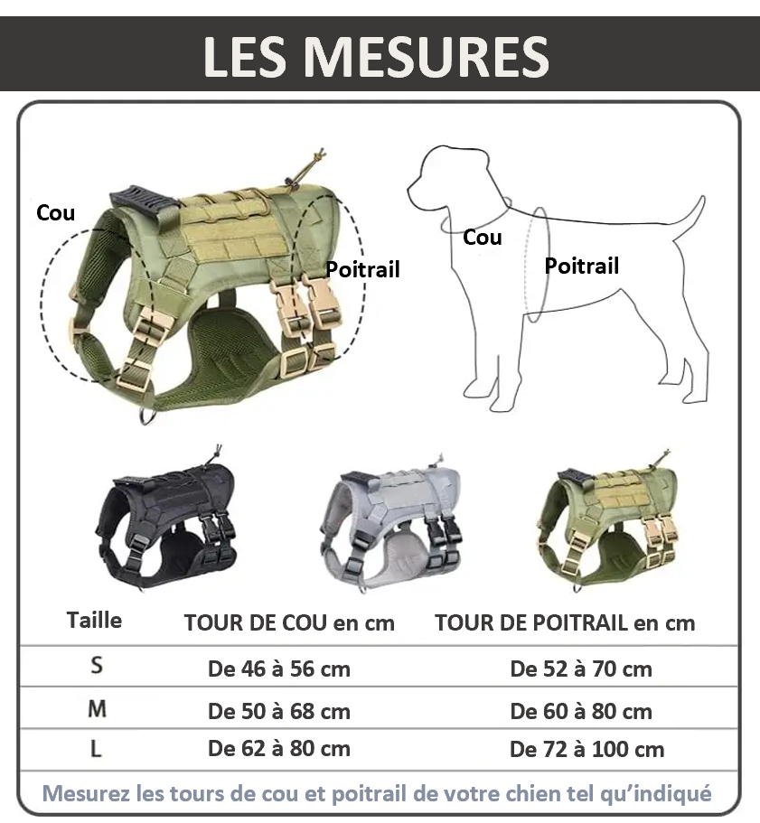 Harnais tactique pour chien moyens et grands réglable , matériaux PREMIUM, maille OXFORD, résistant , 2 boucles de dégagement rapide, adapté randonnée , trail , track, chasse, entrainement , running, chien d'assaut, équipé de Velcro, d'élastique , avec une poignée en caoutchouc renforcé .  SECURITE PROTECTION , HARNESS DOG , MALINOIS, BERGER ALLEMAND TOUTES races; TOP CADEAU ; 3 couleurs ; 3 tailles  tableaux des tailles