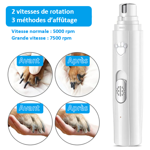 Ponceuse broyeuse pour ongles de chien , avec 2 vitesses de rotation Meule diamant performance et durable , 3 styles de taille , seulement 40dB, silencieux , confortable, chien et chat, intelligent, aussi pour les débutants, stockage facile, rechargeable, grande autonomie , pas de LUMIERE LED  ; 2 vitesses de rotation affutage parfait !