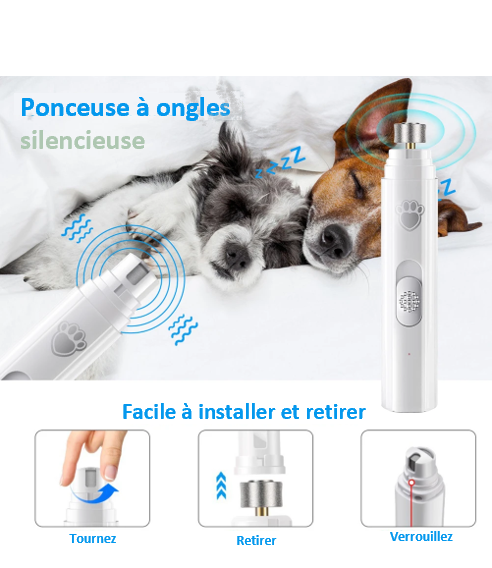 Ponceuse broyeuse pour ongles de chien , avec 2 vitesses de rotation Meule diamant performance et durable , 3 styles de taille , seulement 40dB, silencieux , confortable, chien et chat, intelligent, aussi pour les débutants, stockage facile, rechargeable, grande autonomie , pas de LUMIERE LED  facile à installer et retirer 