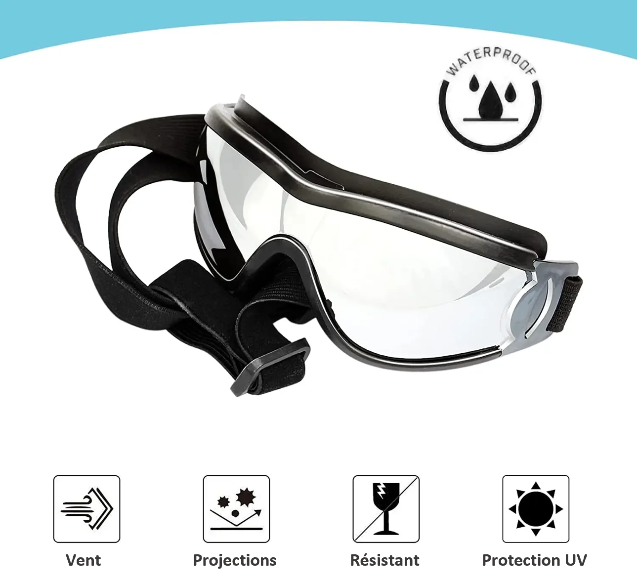 Lunettes de soleil pour chien, avec sangles réglables anti-UV imperméables coupe-vent, protection des yeux pour chiens de taille moyenne et grande ; Confortables et élégantes. La monture souple s'ajuste à la tête de votre chien. Il peut passer la tête par la fenêtre de la voiture et profiter !  Etanche , résiste au vent, à l'eau et aux UV 