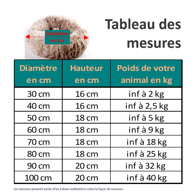 Coussin peluche moelleux, confortable élégant bord surélevé. Grande variété des modèles, lessivable : lavable en machine. 20 COLORIS 8 TAILLES Diamètre 30 cm, 40 cm, 50 cm, 60 cm, 70 cm, 80 cm, 90 cm, 100 cm ! 1 METRE de diamètre ! pour des chiens jusqu'à 40 kg.  rembourré en fibre polaire  Tableau des dimensions